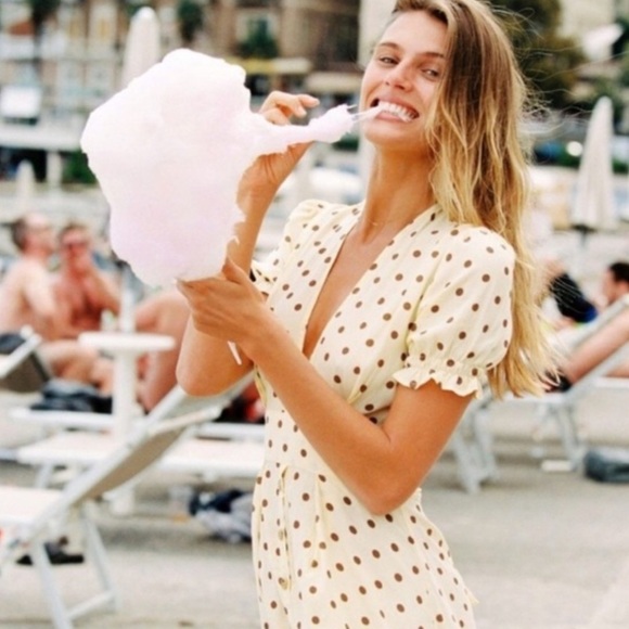 Faithfull the Brand Vanelli Mini Dress Sylve Dot Print Lemon 8 Cream Brown Dot - Picture 3 of 16